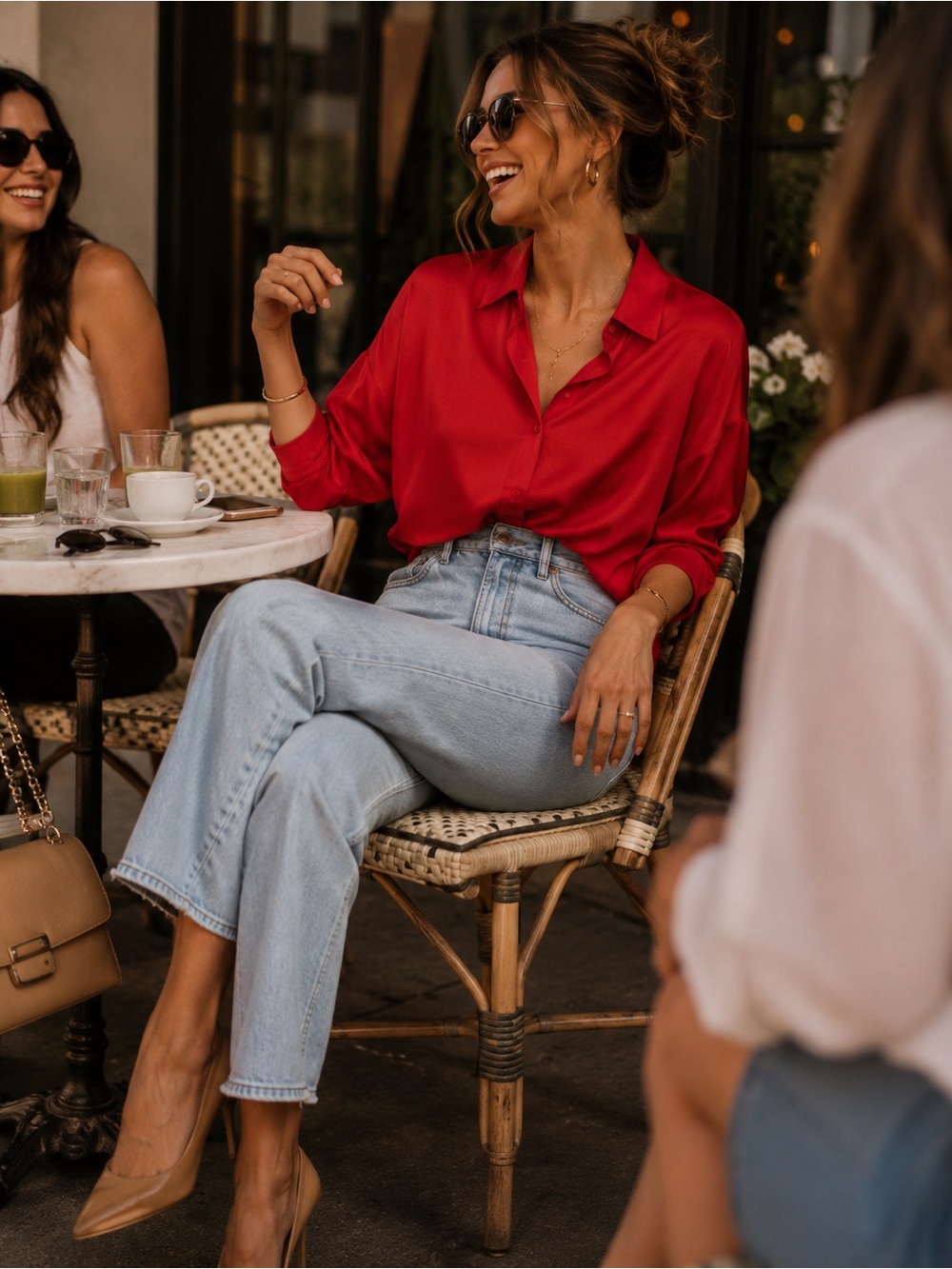 Sexy Elegant Red Button-Up Silky Blouse